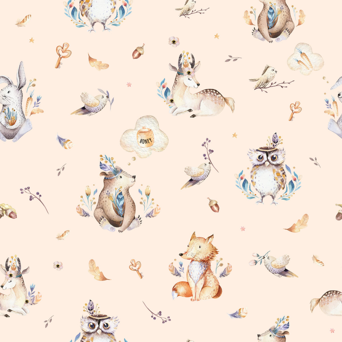 Watercolor Forest Animals Wallpaper : Bear, Fox and Owl Nursery Pattern Mural - flat design