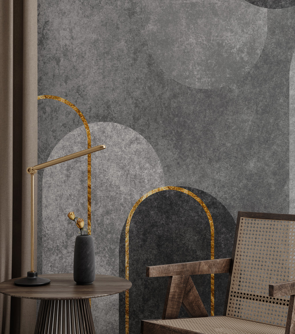 Grey Arch Geometric Wallpaper : Gold Line Concrete Mural - View 2