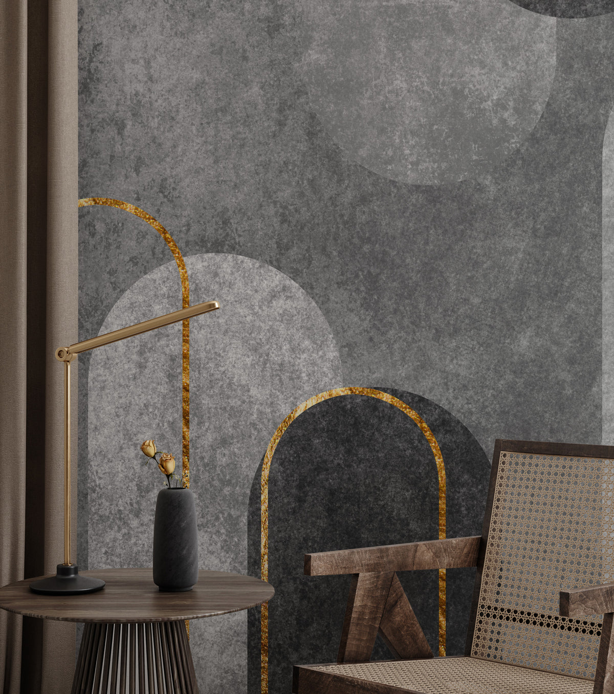 Grey Arch Geometric Wallpaper : Gold Line Concrete Mural - View 2