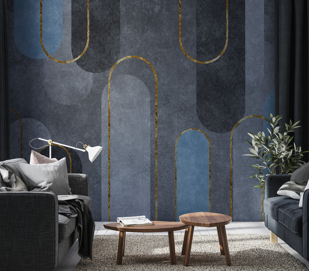 Grey Arch Geometric Wallpaper : Gold Line Concrete Mural - View 4