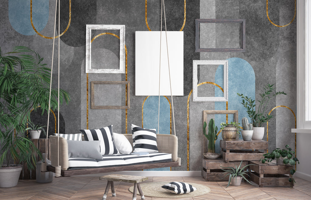 Grey Arch Geometric Wallpaper : Gold Line Concrete Mural - View 3