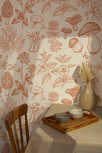 Botanical Mushroom Wallpaper : Terracotta Sketch Pattern Mural - View 2
