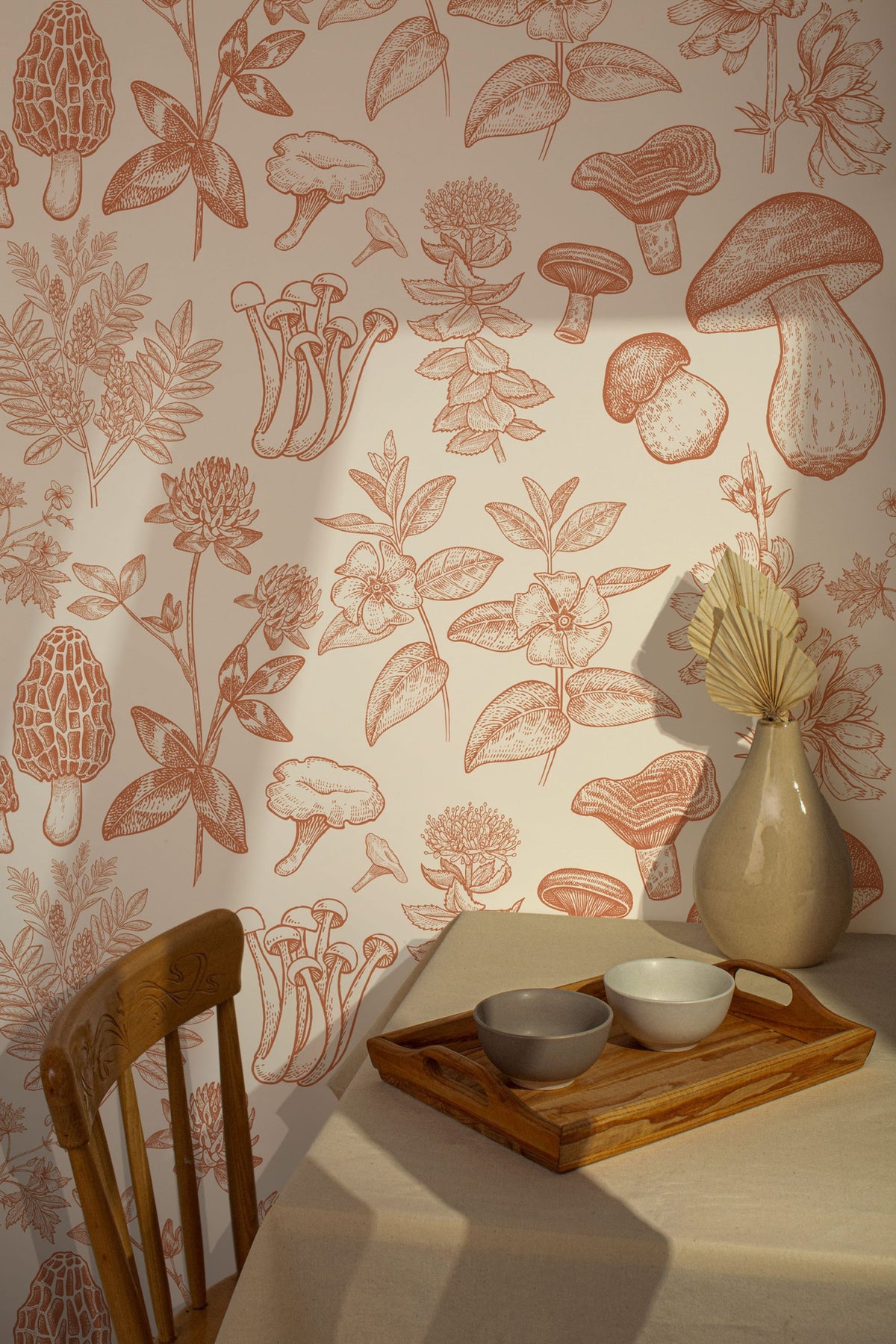 Botanical Mushroom Wallpaper : Terracotta Sketch Pattern Mural - View 2