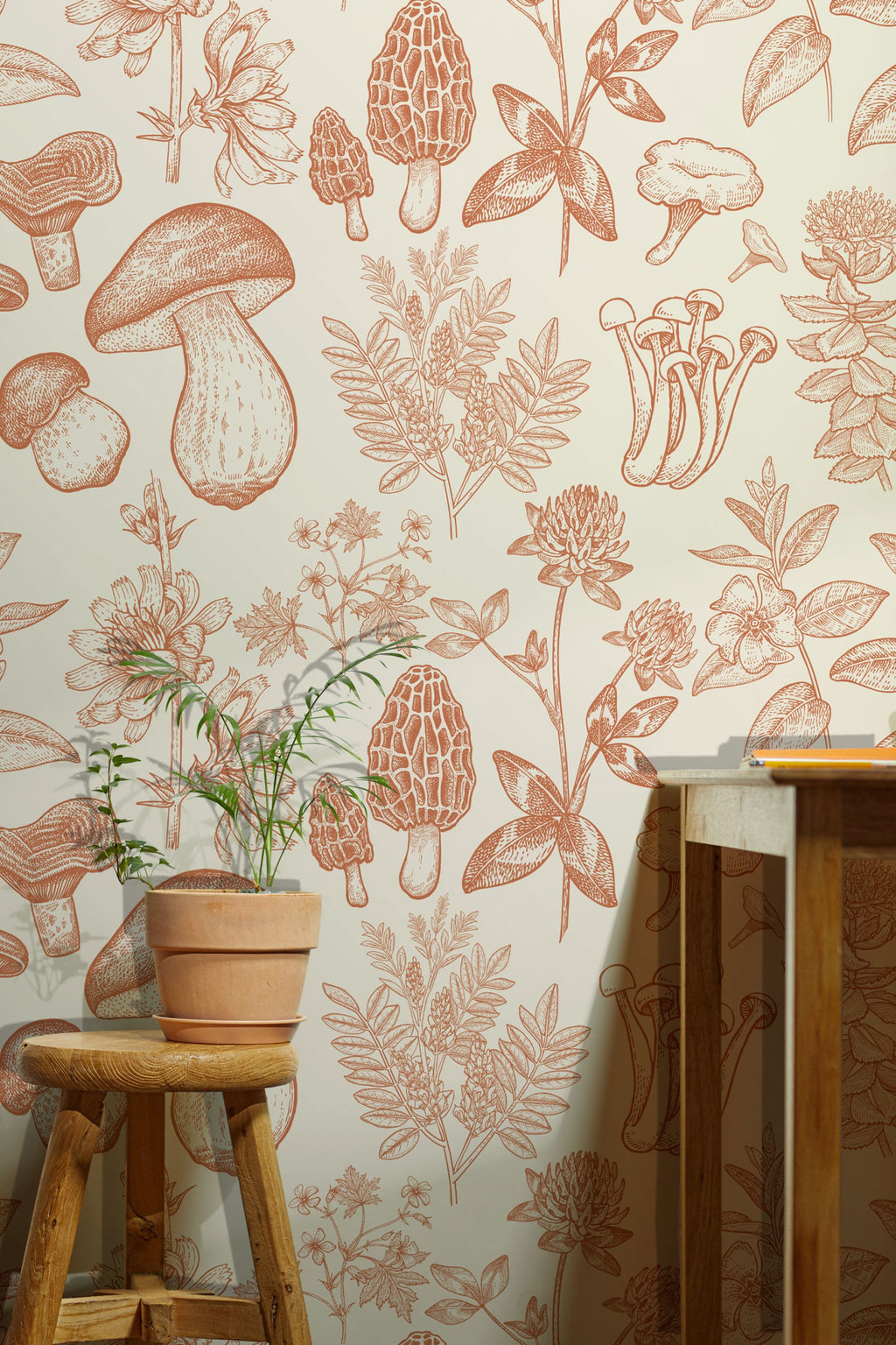 Botanical Mushroom Wallpaper : Terracotta Sketch Pattern Mural - View 3