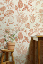 Botanical Mushroom Wallpaper : Terracotta Sketch Pattern Mural - View 3