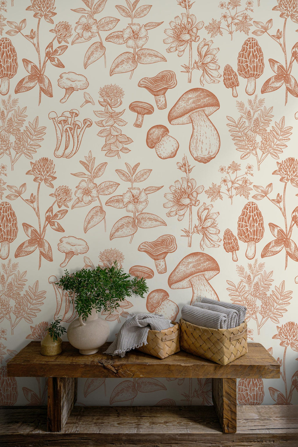 Botanical Mushroom Wallpaper : Terracotta Sketch Pattern Mural