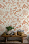 Botanical Mushroom Wallpaper : Terracotta Sketch Pattern Mural