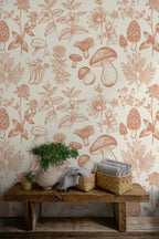 Botanical Mushroom Wallpaper : Terracotta Sketch Pattern Mural