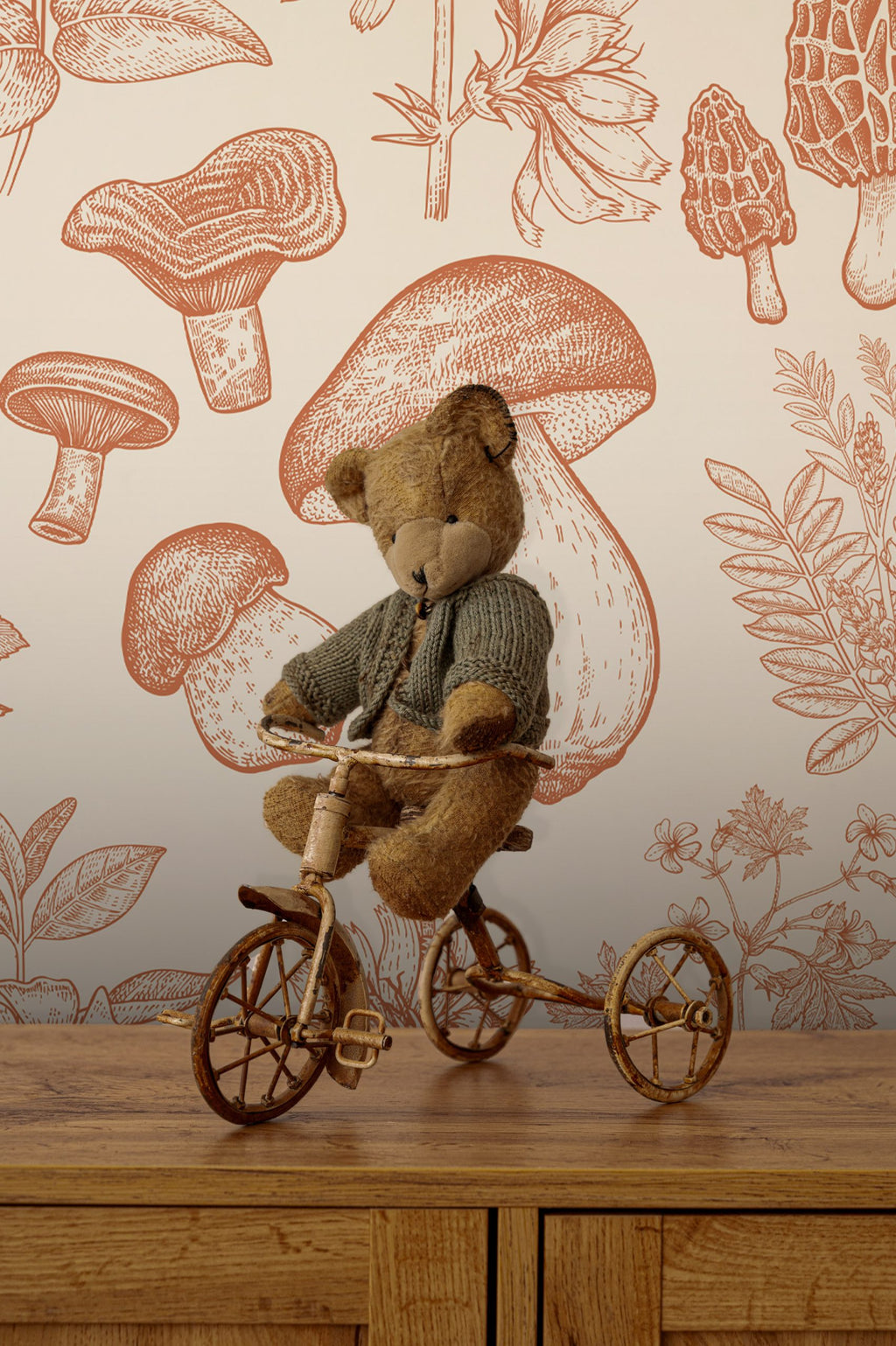 Botanical Mushroom Wallpaper : Terracotta Sketch Pattern Mural - View 4