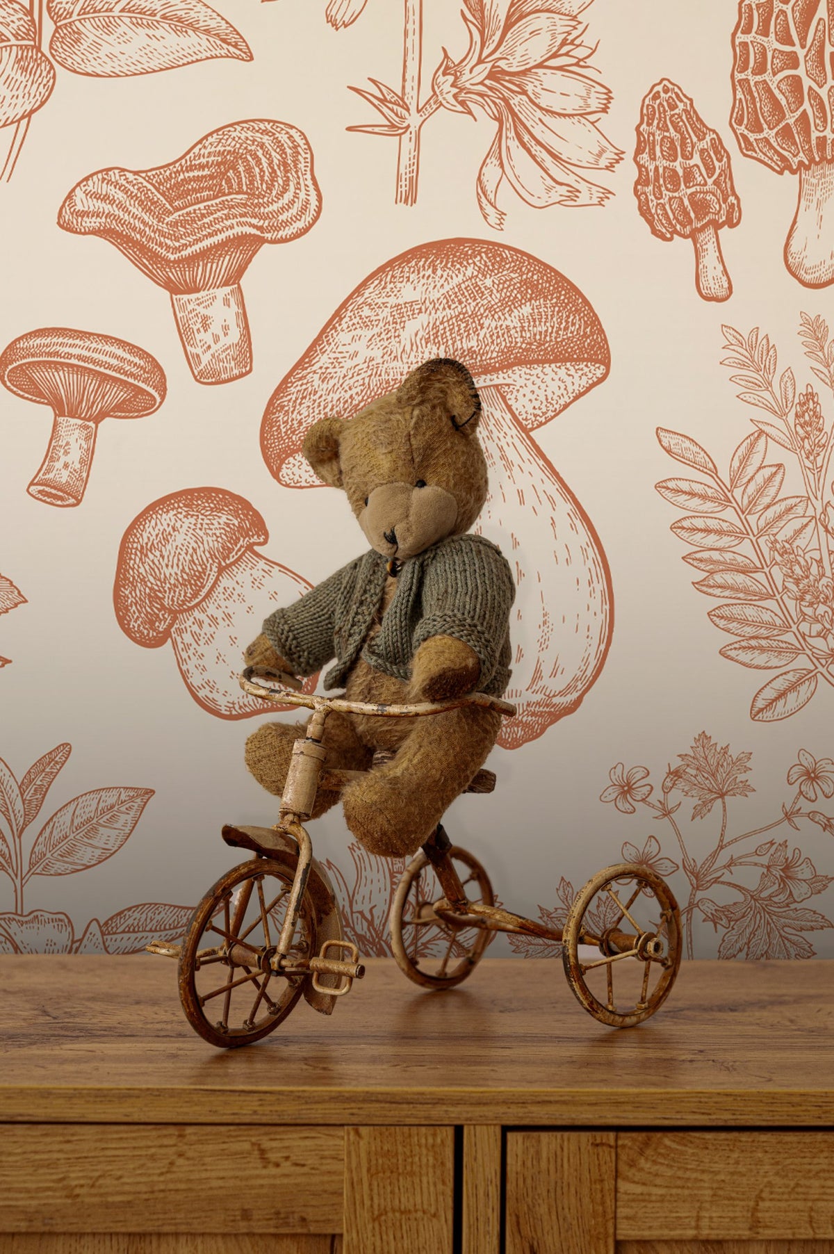 Botanical Mushroom Wallpaper : Terracotta Sketch Pattern Mural - View 4