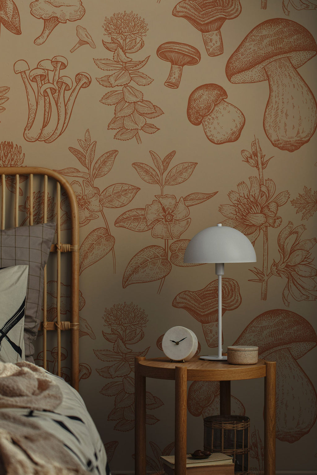 Botanical Mushroom Wallpaper : Terracotta Sketch Pattern Mural - View 5