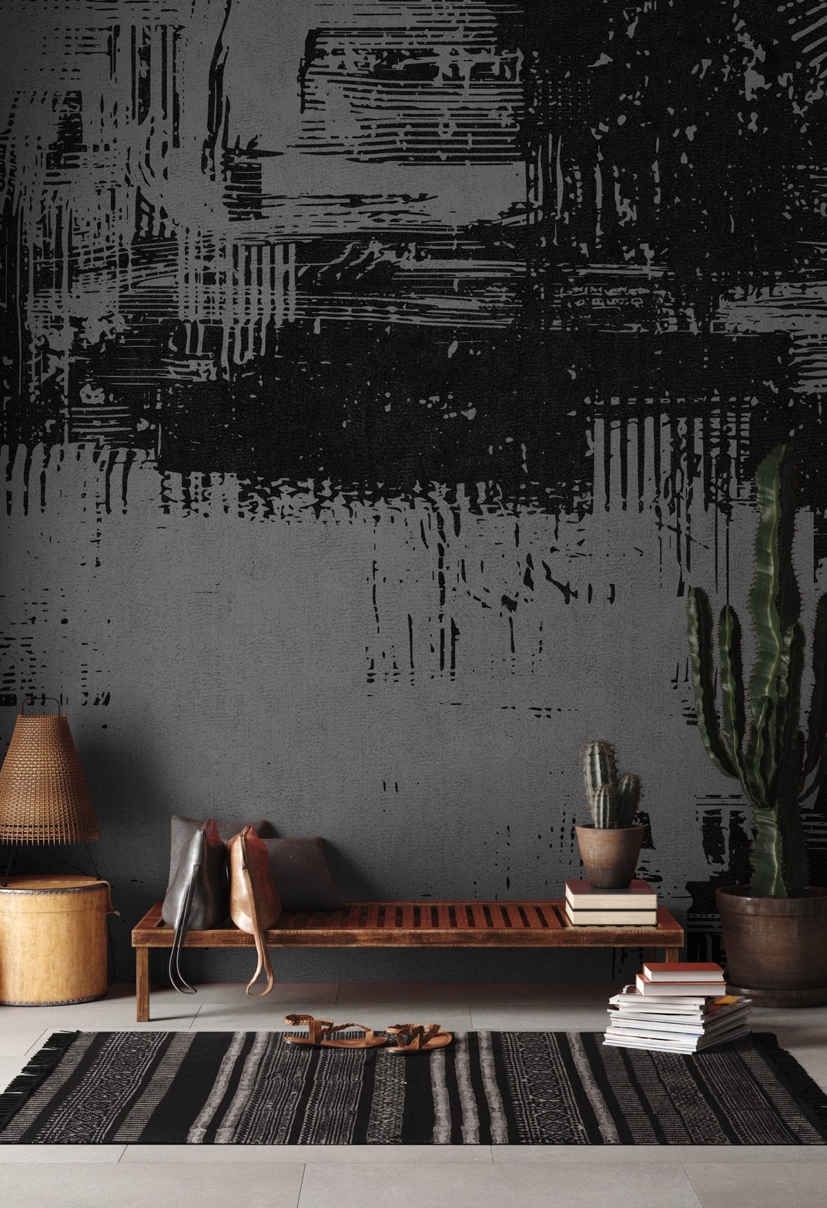 Black and White Graffiti Wallpaper : Abstract Brush Stroke Mural - View 2