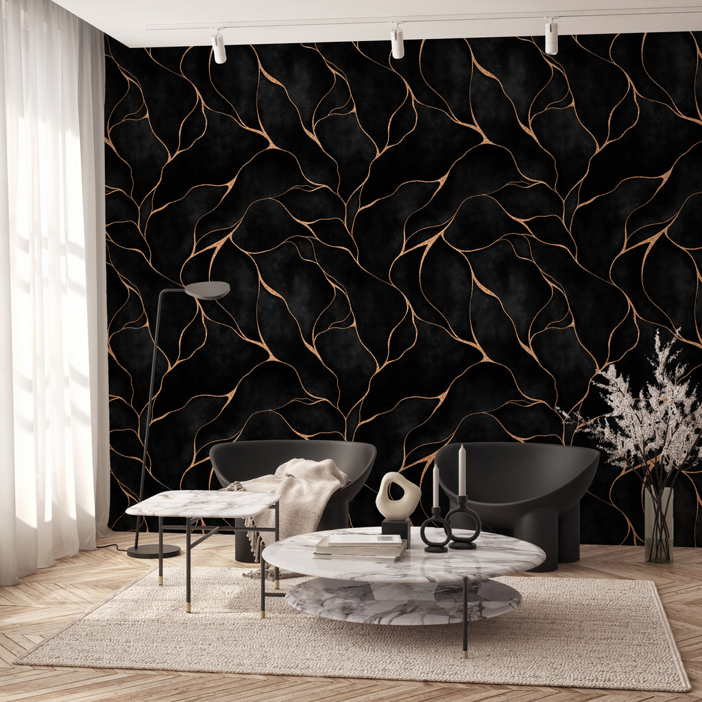 Black Gold Vein Wallpaper : Kintsugi Crack Mural - View 3