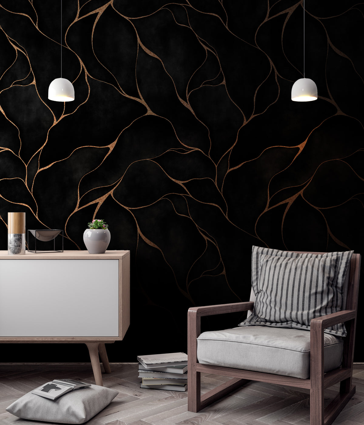Black Gold Vein Wallpaper : Kintsugi Crack Mural - View 4