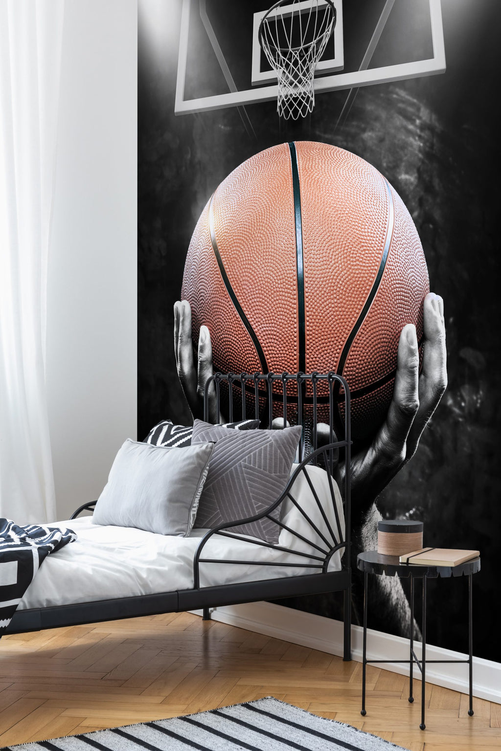 Basketball Wallpaper : Hands Holding Ball under the Hoop Mural - View 2