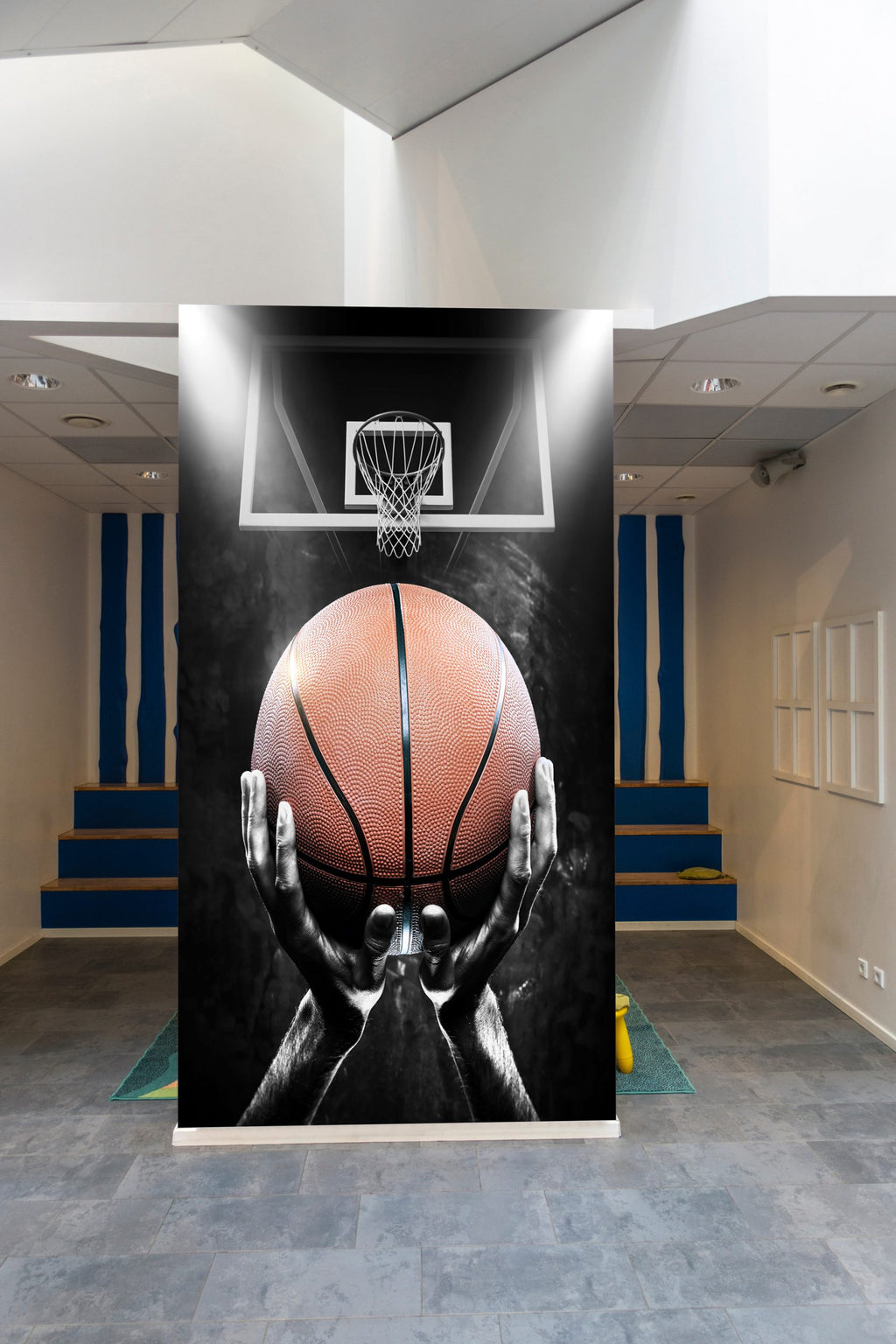 Basketball Wallpaper : Hands Holding Ball under the Hoop Mural - View 3
