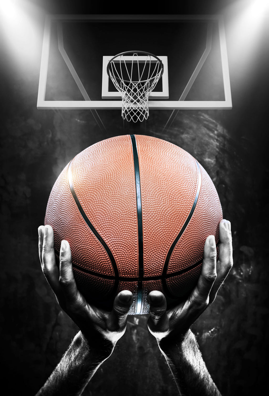 Basketball Wallpaper : Hands Holding Ball under the Hoop Mural - flat design