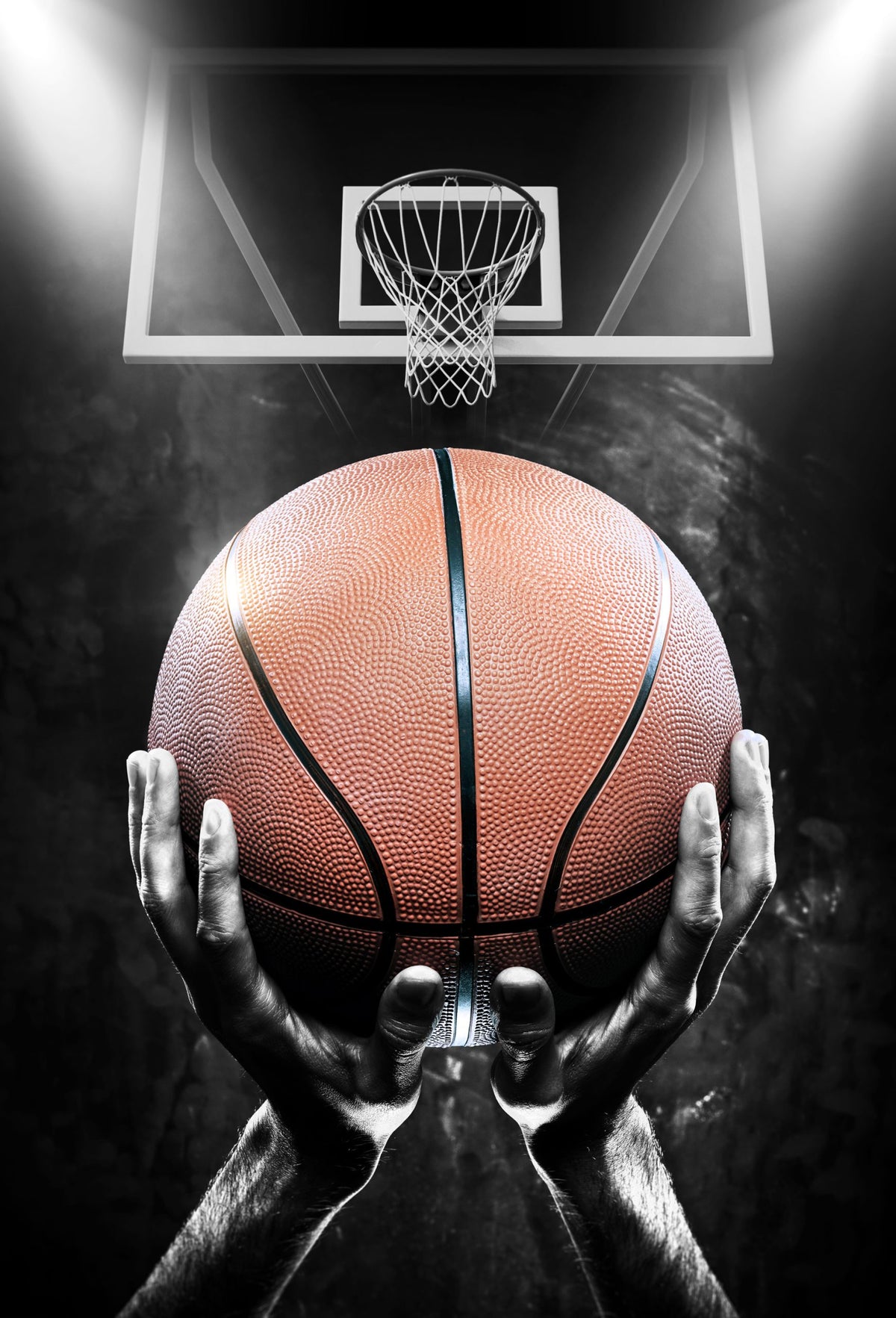 Basketball Wallpaper : Hands Holding Ball under the Hoop Mural - flat design