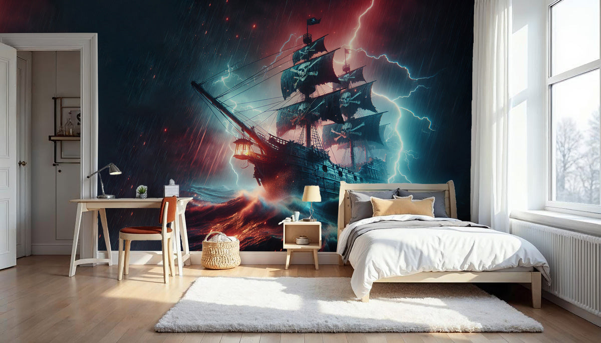 Pirate Ship Wallpaper : Stormy Sea and Lightning Mural - View 3