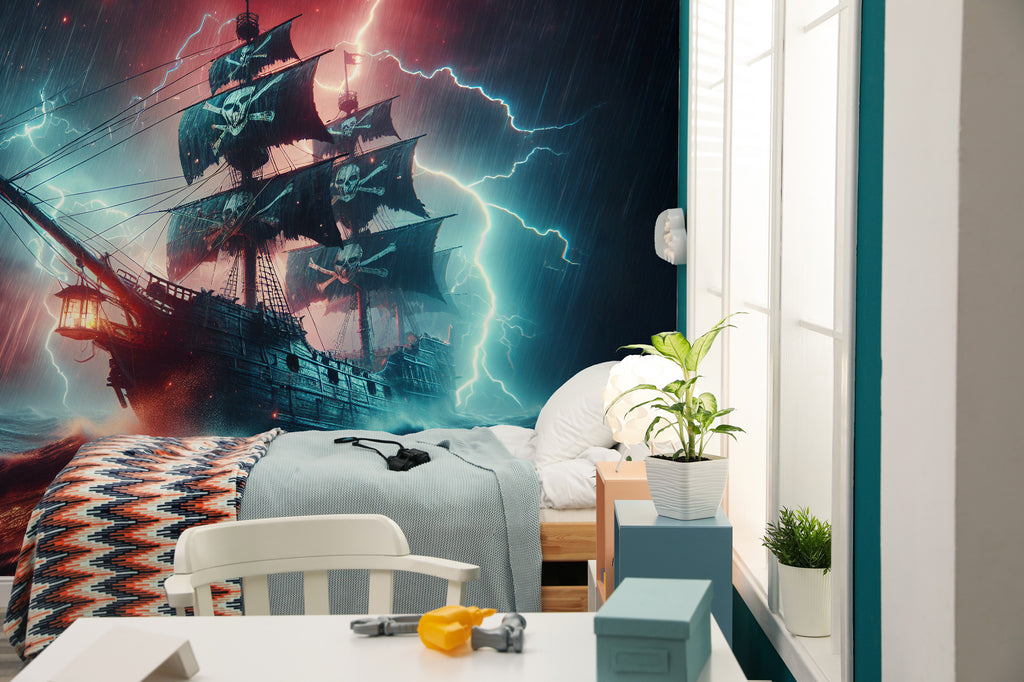 Pirate Ship Wallpaper : Stormy Sea and Lightning Mural