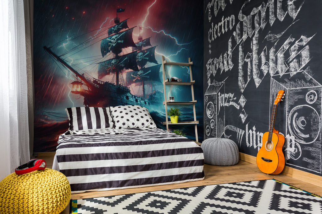 Pirate Ship Wallpaper : Stormy Sea and Lightning Mural - View 4