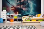 Pirate Ship Wallpaper : Stormy Sea and Lightning Mural - View 2