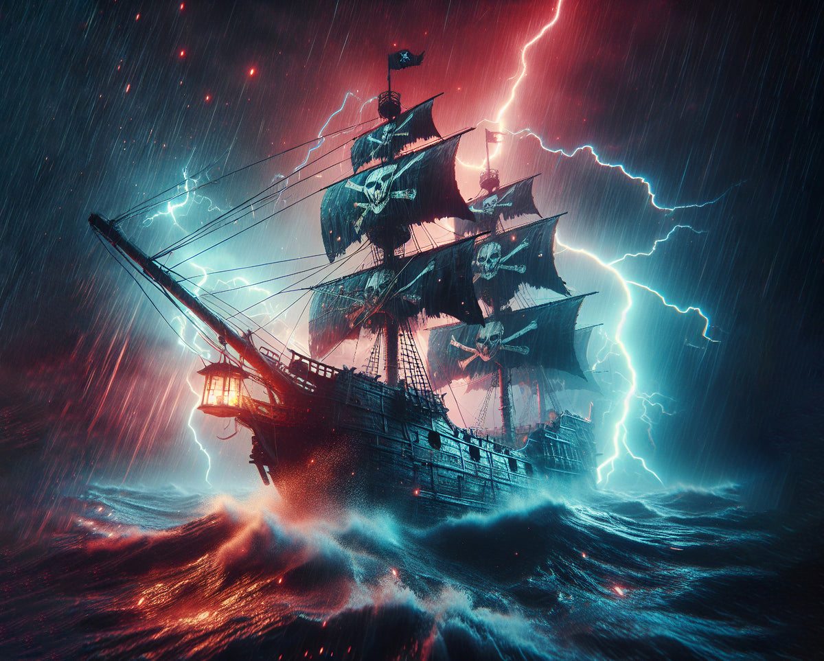 Pirate Ship Wallpaper : Stormy Sea and Lightning Mural - flat design
