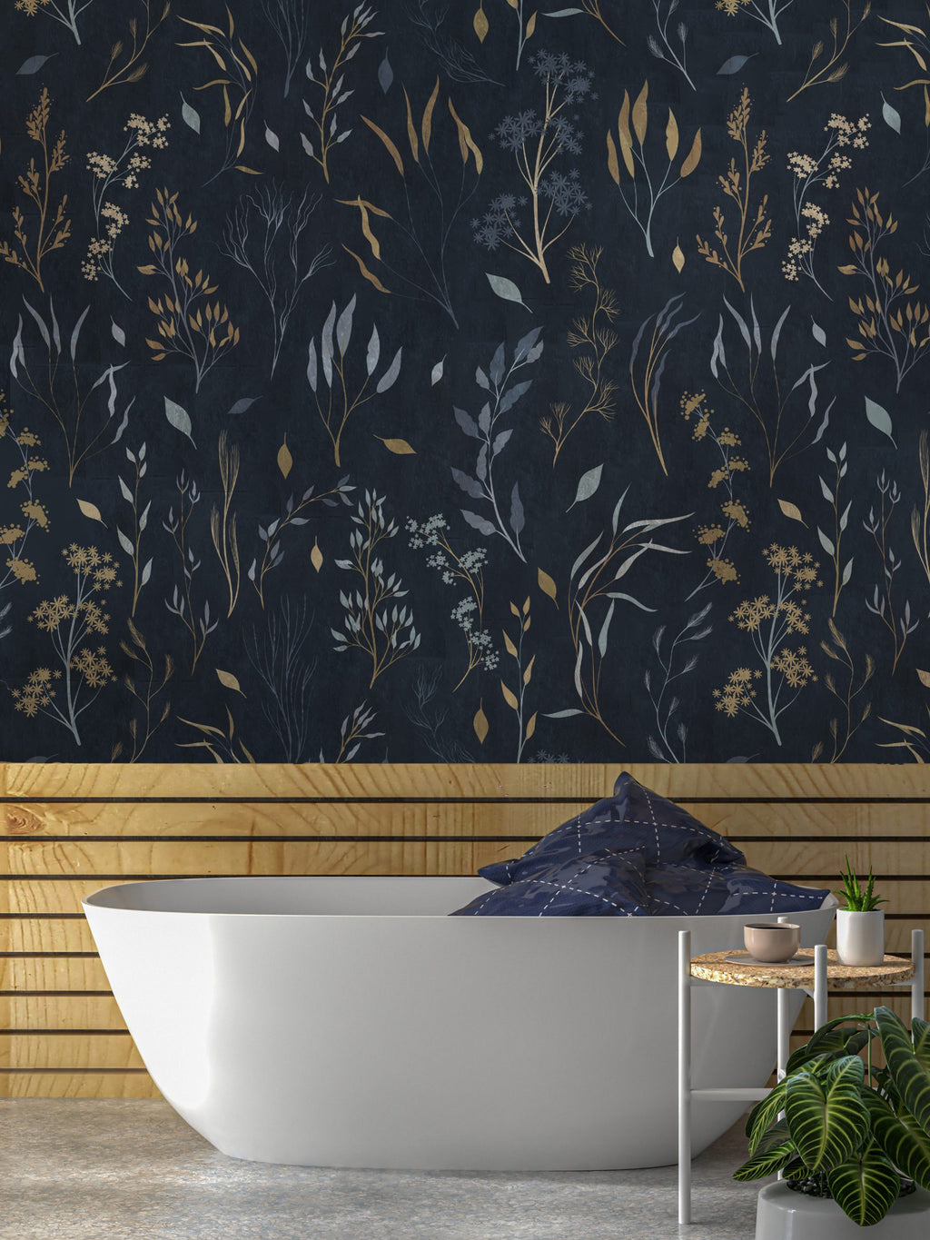 Navy Wildflower Wallpaper : Delicate Botanical Pattern Mural