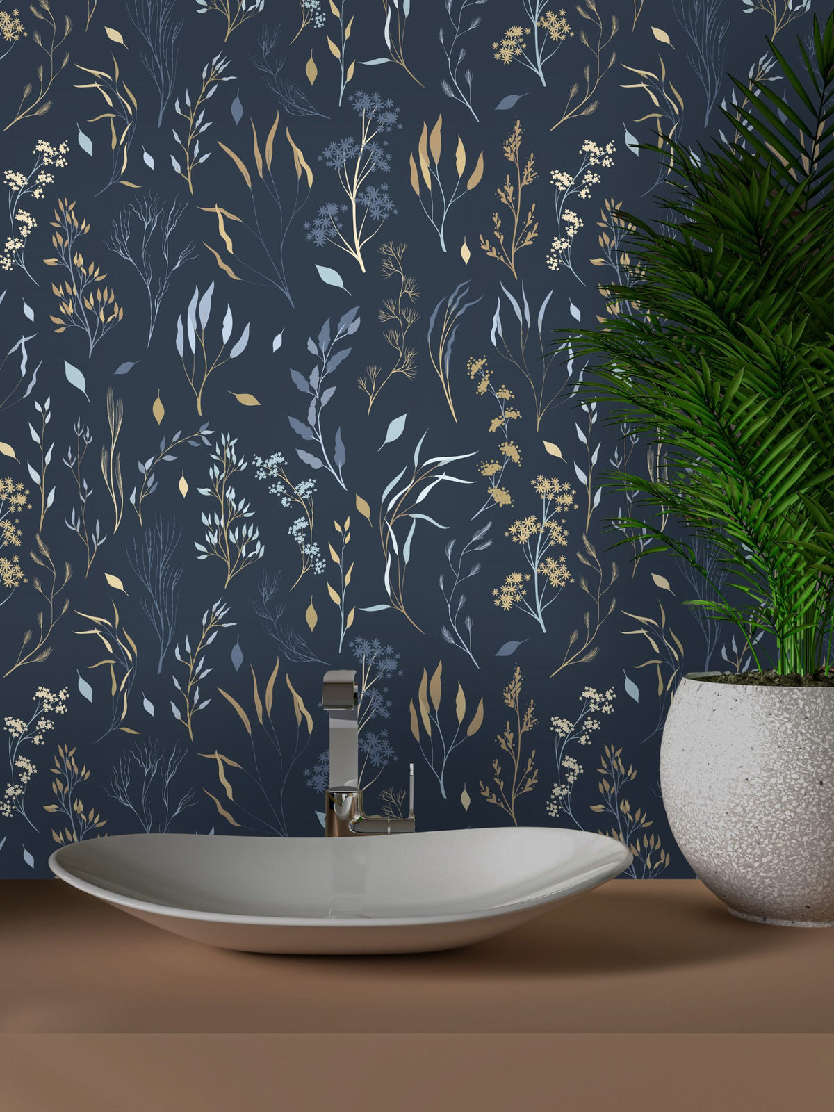 Navy Wildflower Wallpaper : Delicate Botanical Pattern Mural - View 2