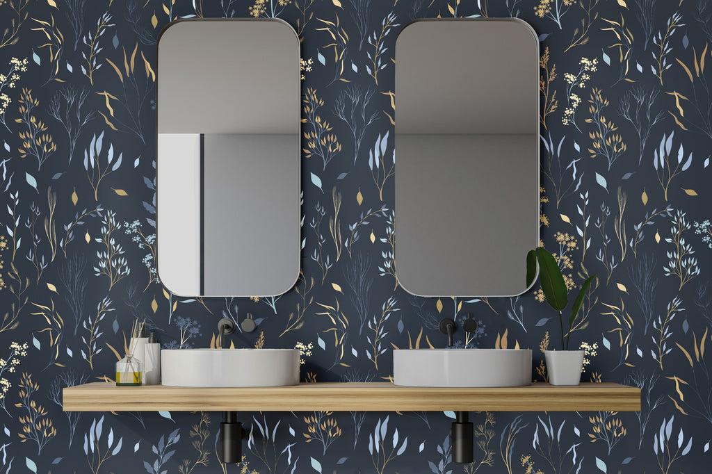 Navy Wildflower Wallpaper : Delicate Botanical Pattern Mural - View 3