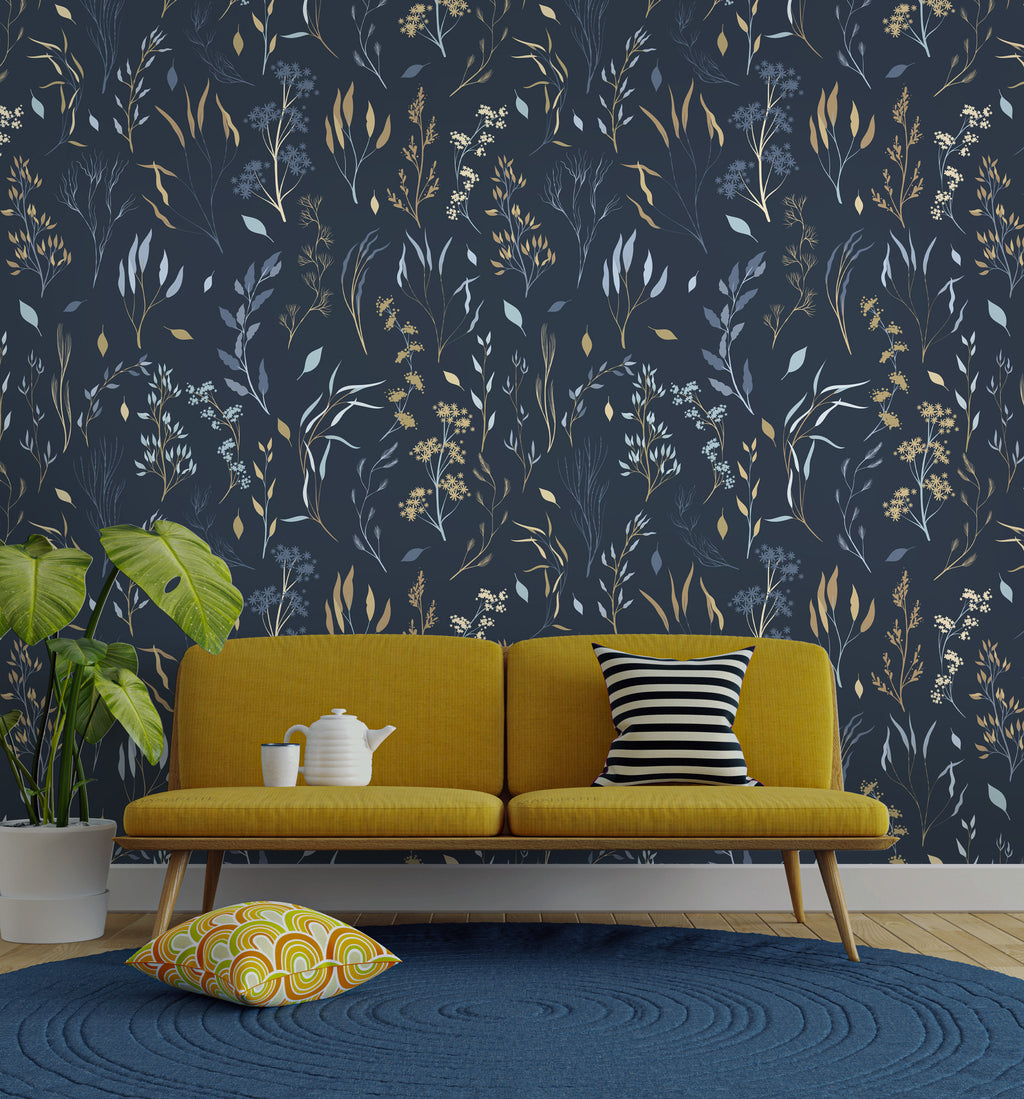 Navy Wildflower Wallpaper : Delicate Botanical Pattern Mural - View 4