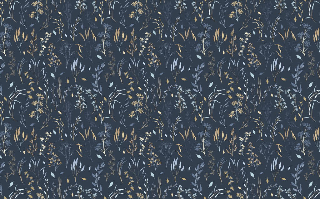 Navy Wildflower Wallpaper : Delicate Botanical Pattern Mural - flat design