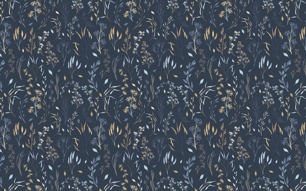 Navy Wildflower Wallpaper : Delicate Botanical Pattern Mural - flat design