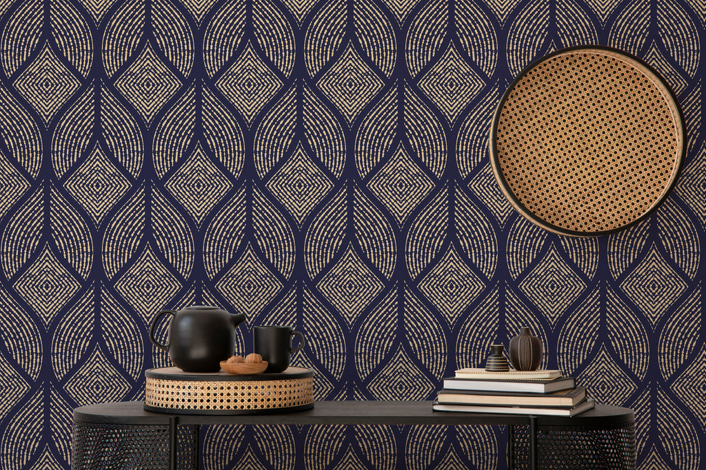 Navy Ogee Wallpaper : Gold Geometric Leaf Pattern Mural