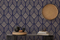 Navy Ogee Wallpaper : Gold Geometric Leaf Pattern Mural