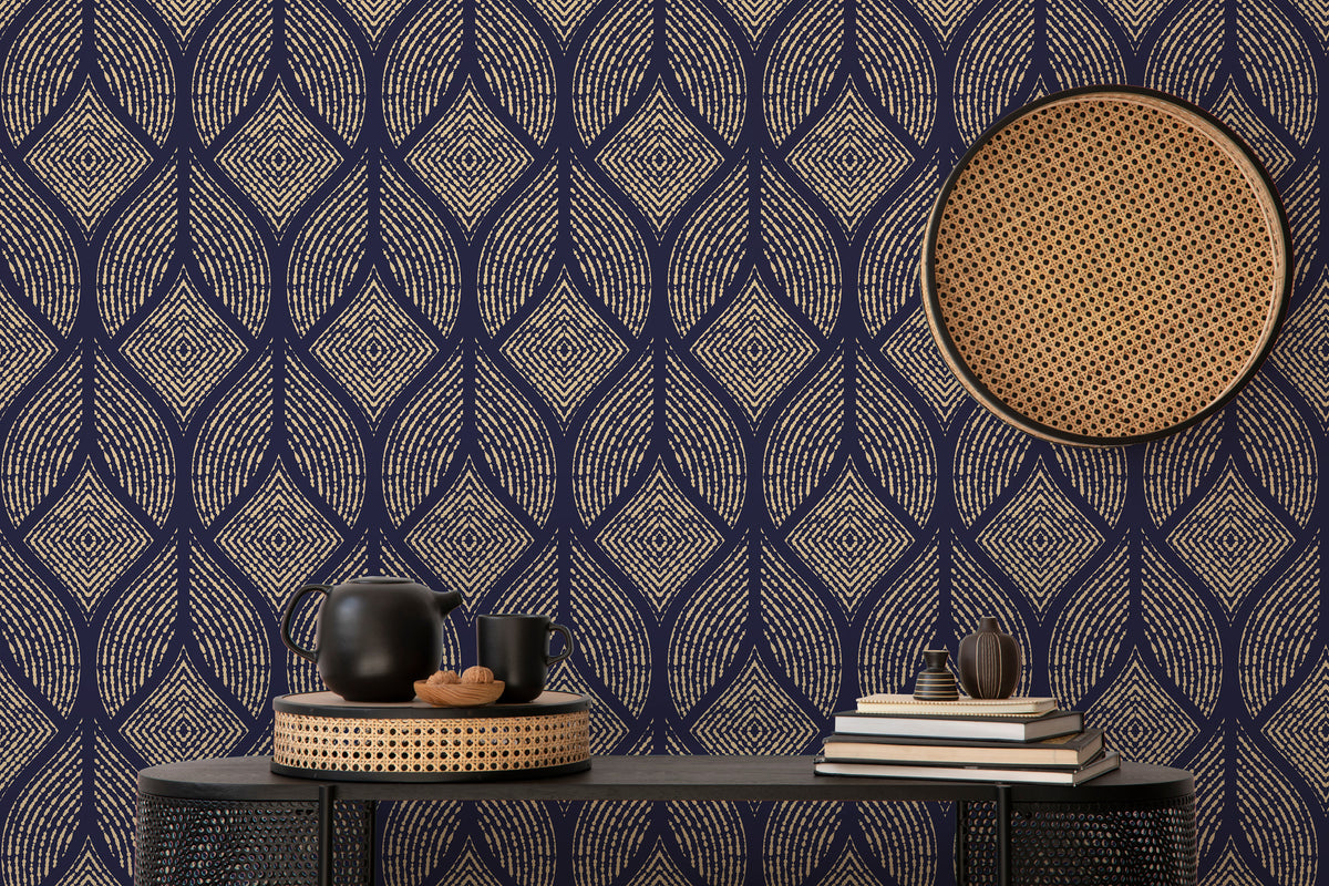 Navy Ogee Wallpaper : Gold Geometric Leaf Pattern Mural