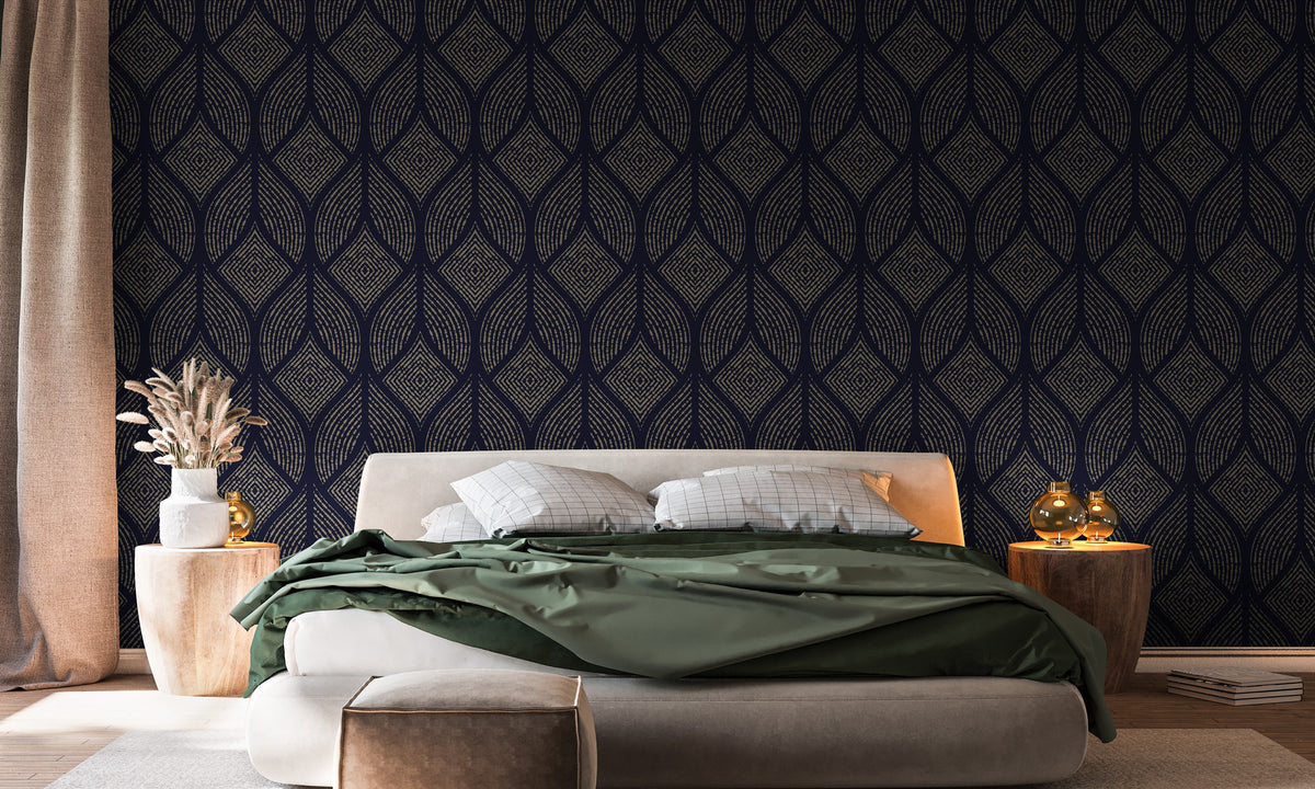 Navy Ogee Wallpaper : Gold Geometric Leaf Pattern Mural - View 3