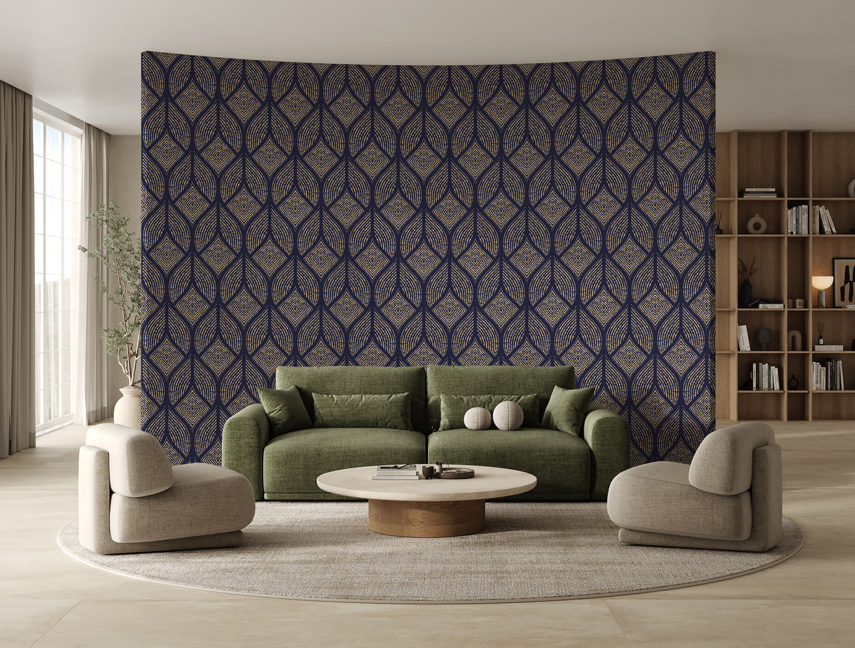 Navy Ogee Wallpaper : Gold Geometric Leaf Pattern Mural - View 2