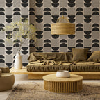 Mid Century Geometric Wallpaper : Black and Grey Half Circle Pattern Mural - View 2