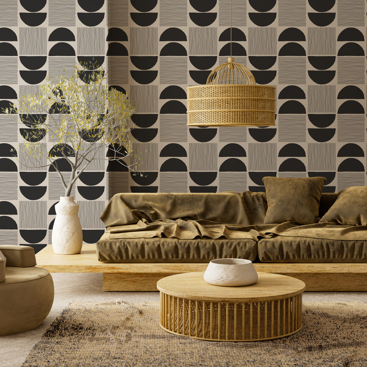 Mid Century Geometric Wallpaper : Black and Grey Half Circle Pattern Mural - View 2