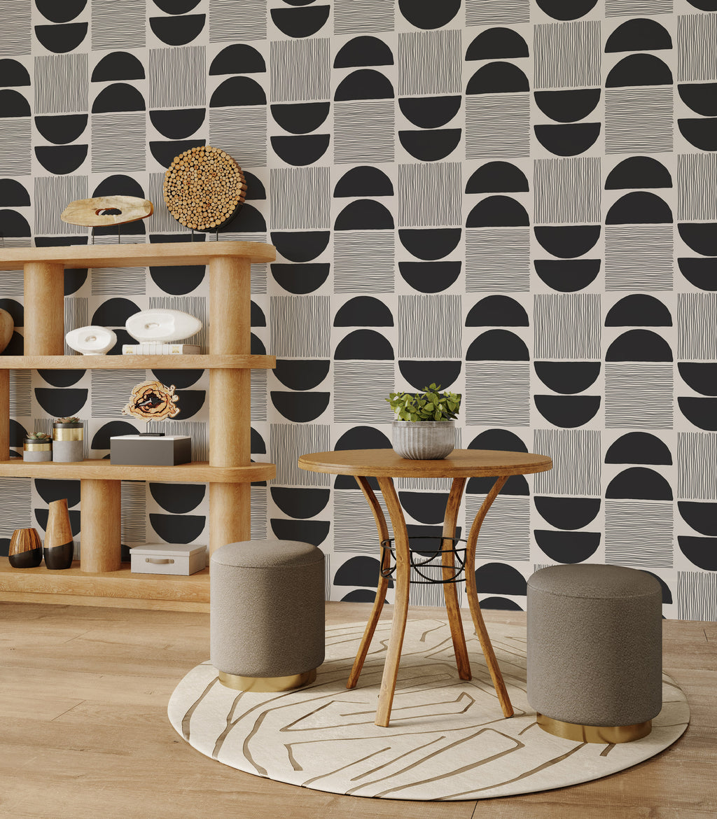 Mid Century Geometric Wallpaper : Black and Grey Half Circle Pattern Mural - View 3