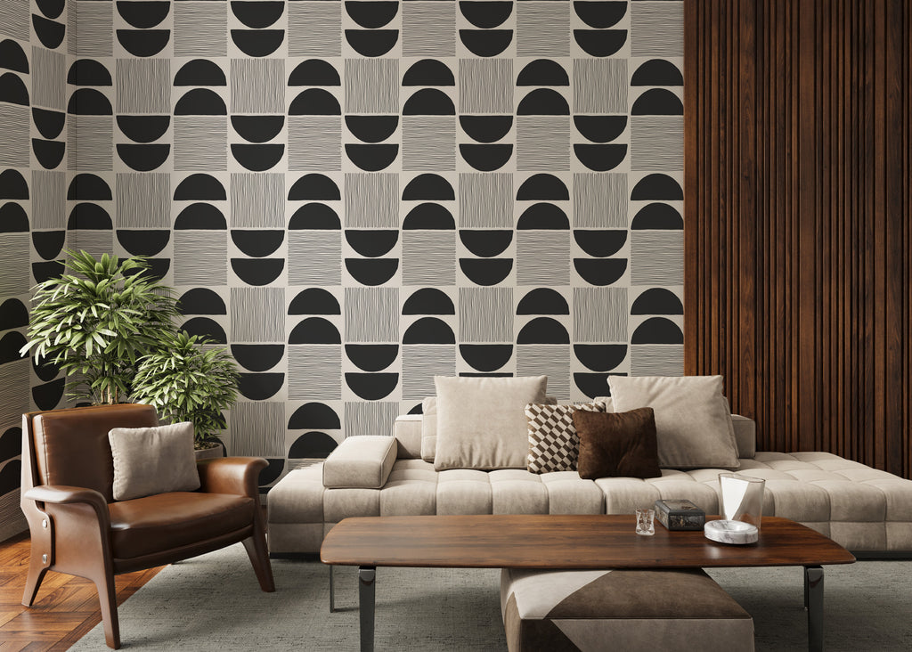 Mid Century Geometric Wallpaper : Black and Grey Half Circle Pattern Mural - View 4