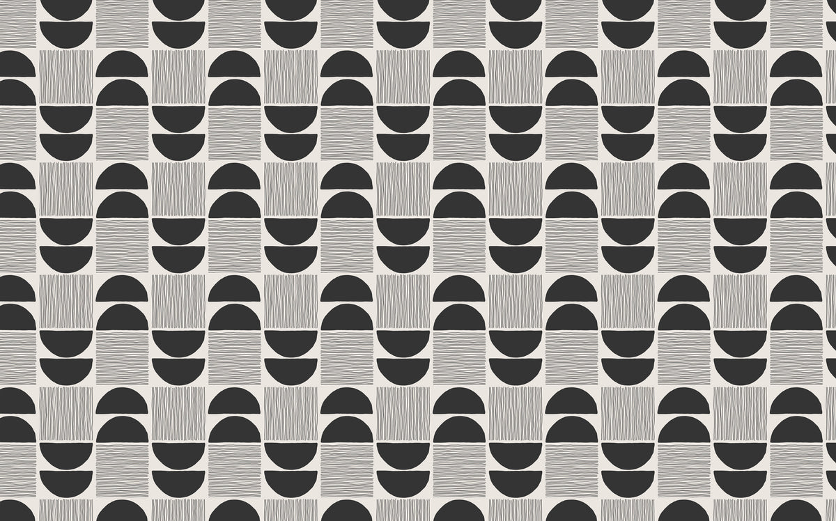 Mid Century Geometric Wallpaper : Black and Grey Half Circle Pattern Mural - flat design