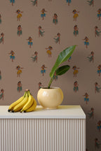 Hula Girl Wallpaper : Retro Hawaiian Pattern on Peach Mural - View 2
