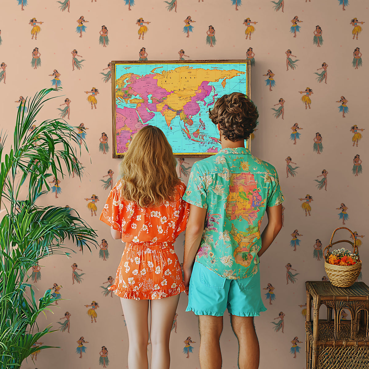 Hula Girl Wallpaper : Retro Hawaiian Pattern on Peach Mural - View 4