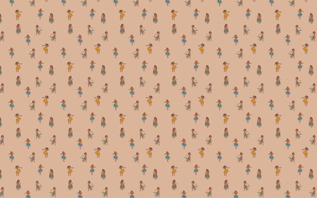 Hula Girl Wallpaper : Retro Hawaiian Pattern on Peach Mural - flat design