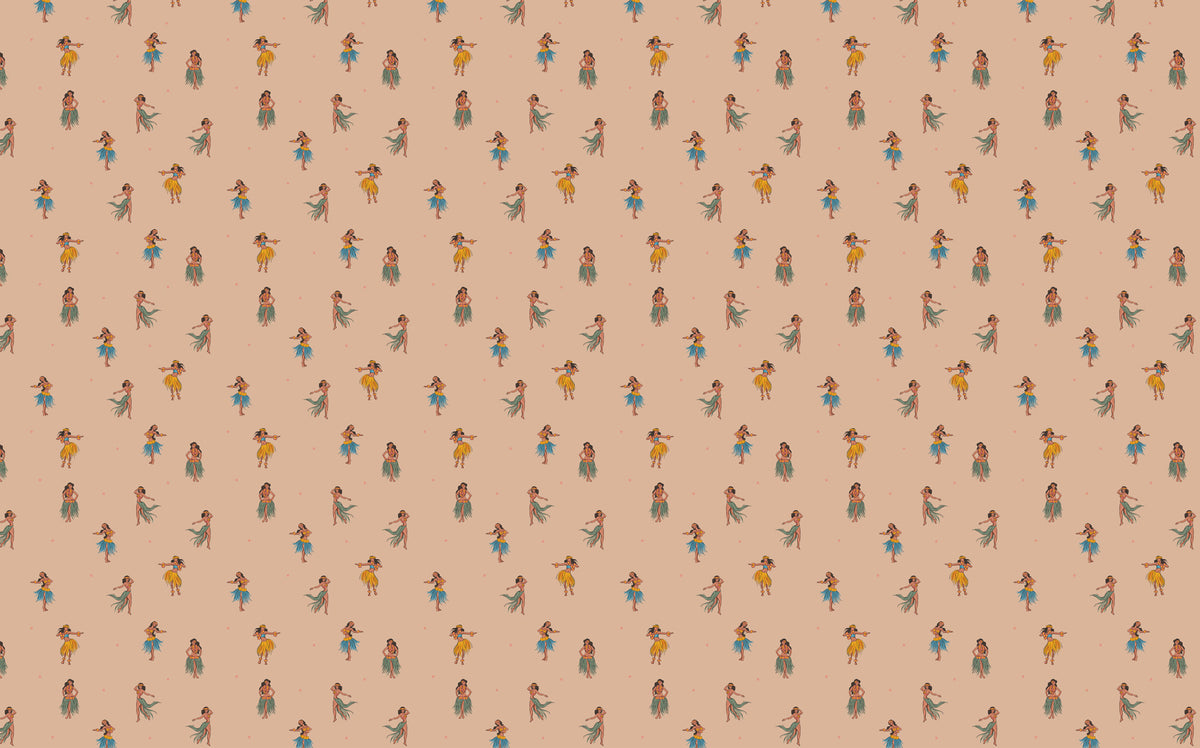 Hula Girl Wallpaper : Retro Hawaiian Pattern on Peach Mural - flat design