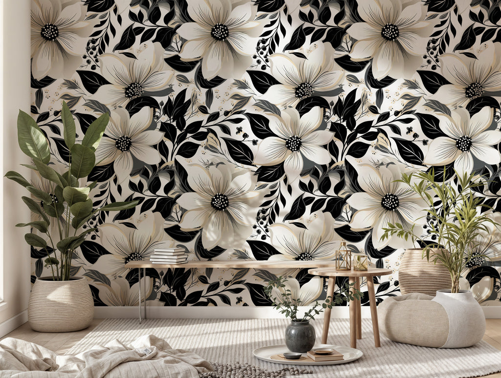 Black and White Floral Wallpaper : Bold Modern Bloom Pattern Mural