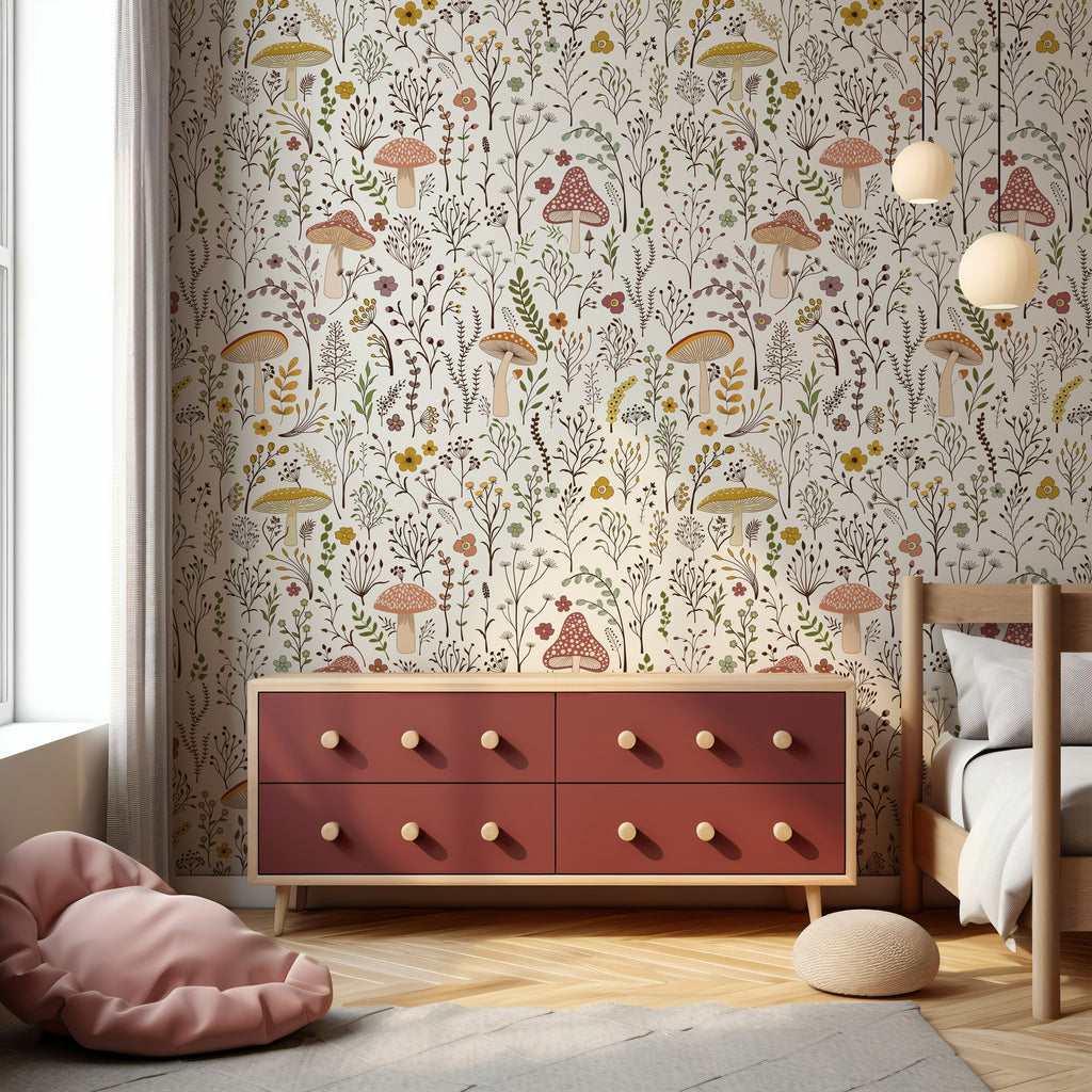 Mushroom Garden Wallpaper : Wildflower Folk Pattern - View 3
