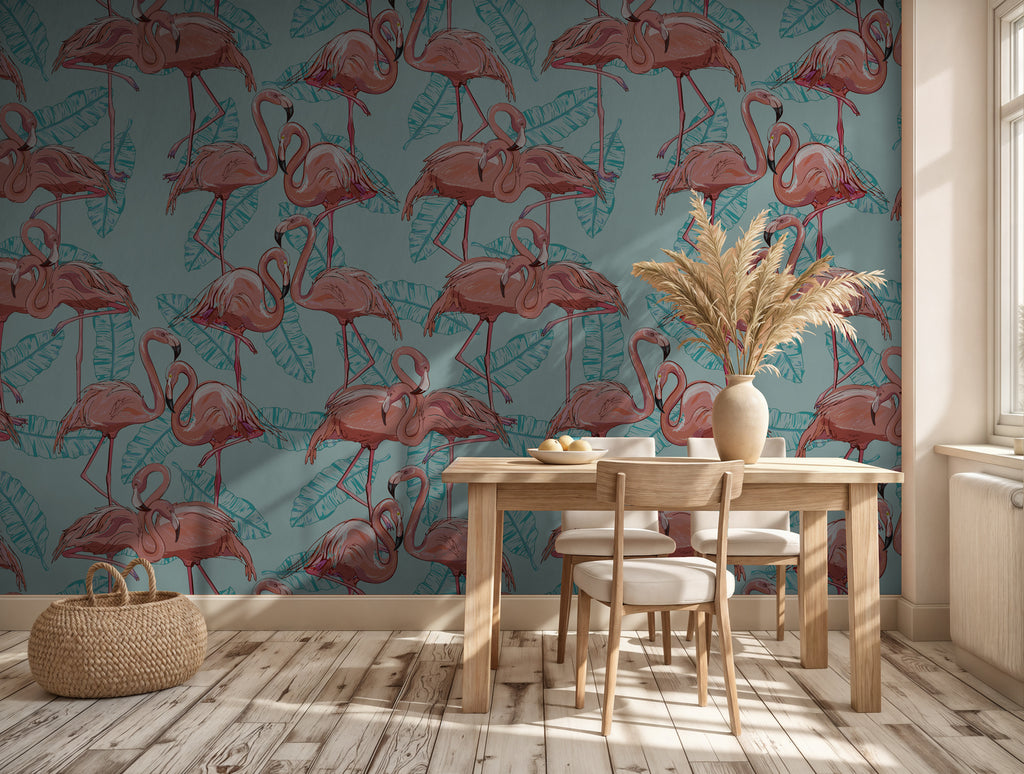 Pink Flamingo Wallpaper : Tropical Leaf on Aqua Pattern Mural - View 2
